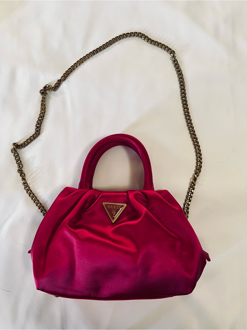 Guess Satin Mini Satchel in Fuchsia with Gold Chain